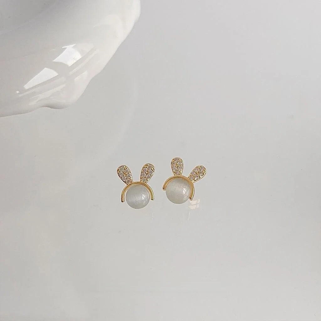 Sweet 14K Gold Plated Copper Rabbit Stud Earrings With Glass Cat Eye Stone And Micro Pave Zircon