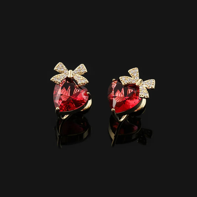 Elegant Red Heart Crystal Zircon Bowknot Alloy Stud & Clip On No Piercing Sweet Luxury Earrings