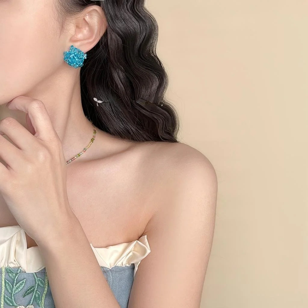 Handmade Sweet Blue Hydrangea Flower Seed Bead Glass Crystal Stud Earrings