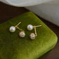 Two Way 14K Gold Plated Copper Pearl Stud Earrings With Micro Pave Zircon Round Geometric Design