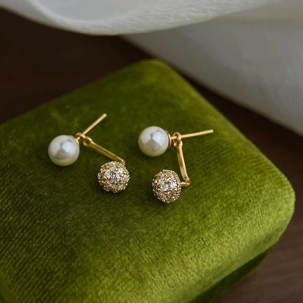 Two Way 14K Gold Plated Copper Pearl Stud Earrings With Micro Pave Zircon Round Geometric Design