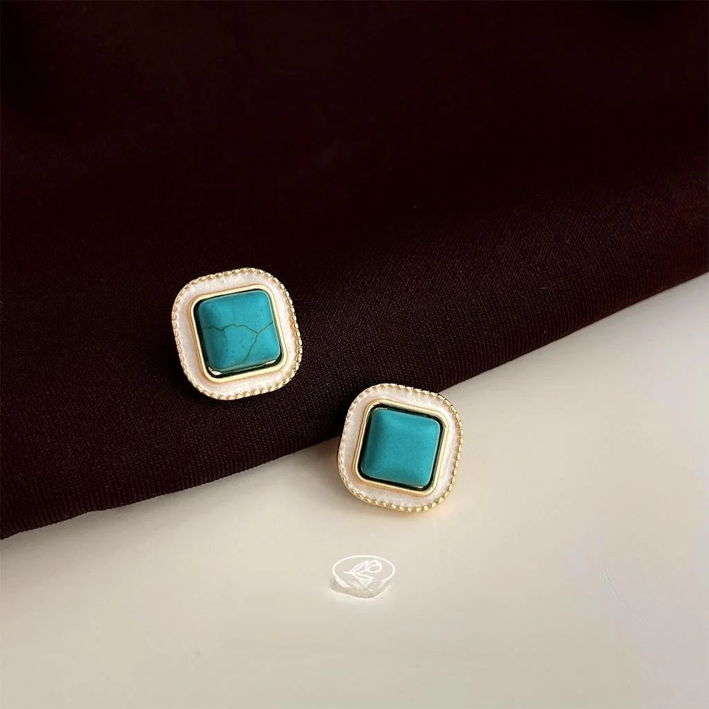 Vintage Court Style Square Geometric Copper Synthetic Turquoise Stud Earrings For Women