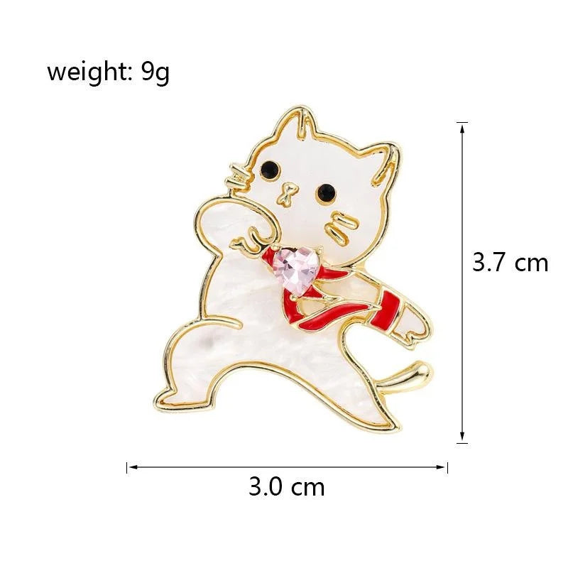 Cute White Enamel Cat Brooch With Pink Heart Rhinestone, Gold Alloy Lapel Pin Corsage Gift