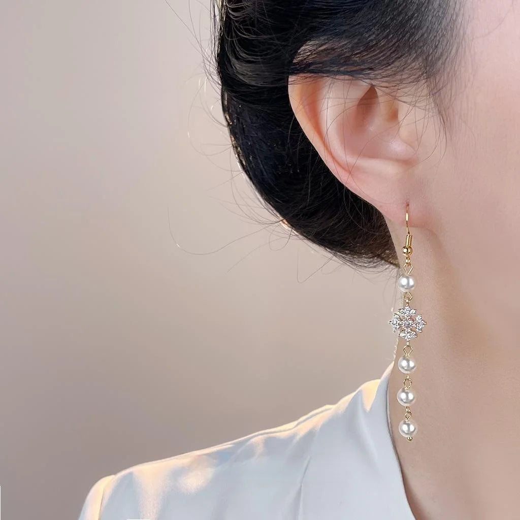 French Style Copper Zircon Micro Pave Glass Pearl Tassel Geometric Drop Earrings