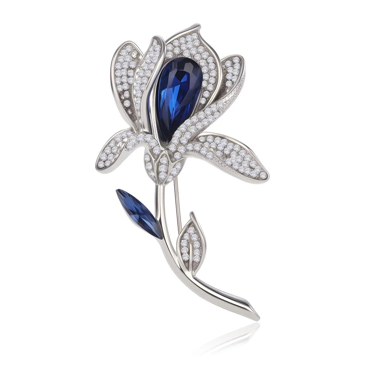 Elegant French Tulip Flower Brooch With Blue Crystal And Rhinestone Petals, Luxury Lapel Pin Gift