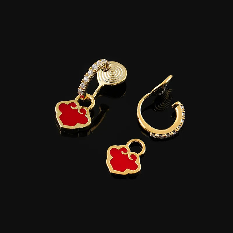 Elegant Red Enamel Cloud Lock Rhinestone Hoop Stud & Clip On No Piercing Chinese Style Earrings
