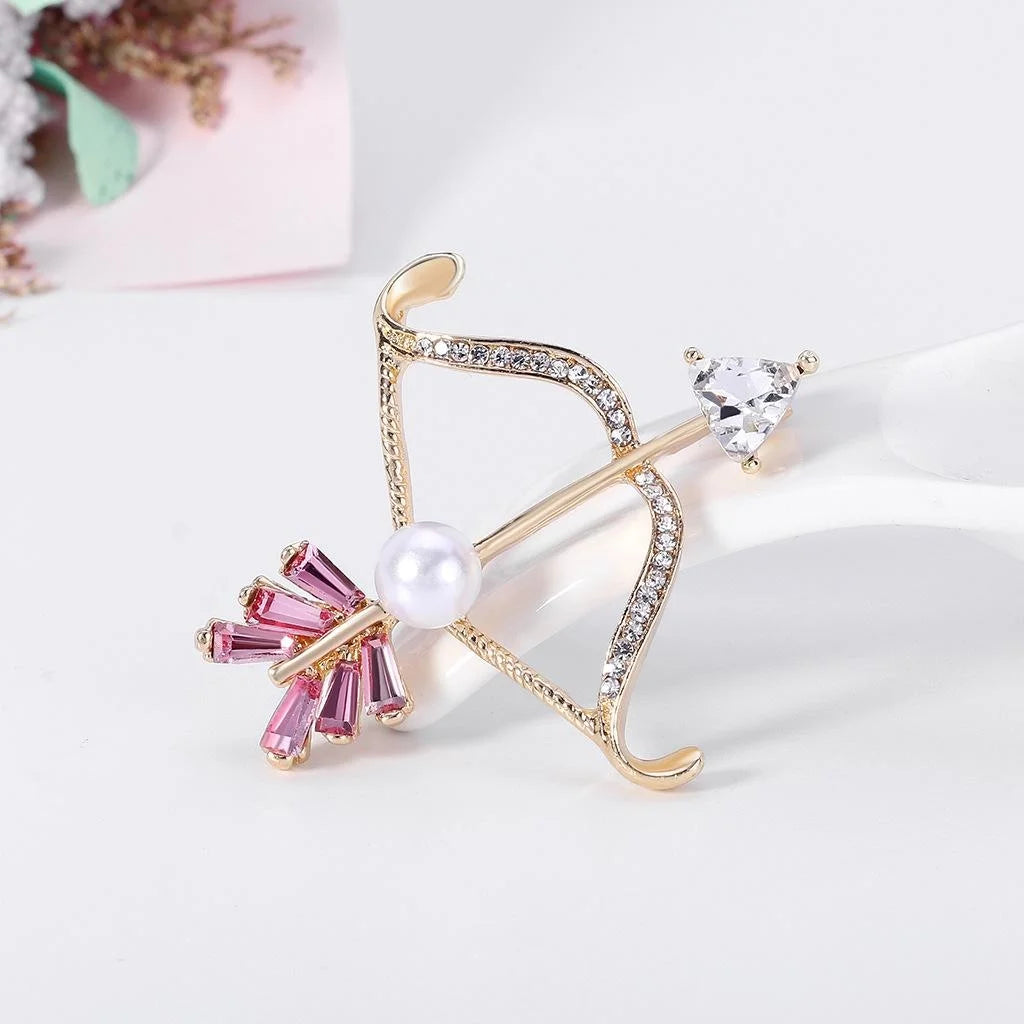 Elegant Pink Rhinestone Pearl Bow And Arrow Alloy Brooch, Korean Style Lapel Pin Corsage Gift