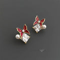 Luxury Butterfly Geometric Zircon Pearl Enamel Copper Stud Earrings