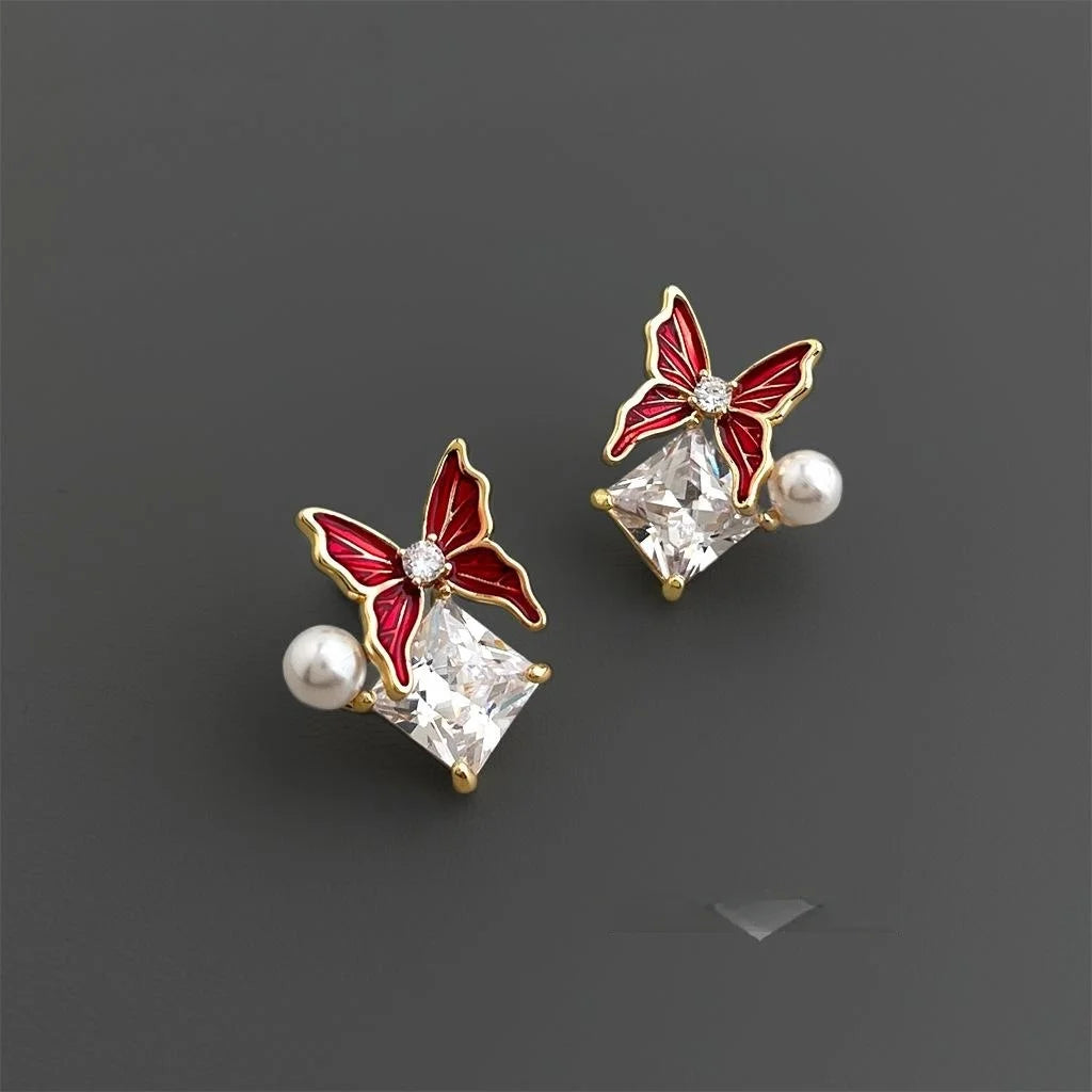 Luxury Butterfly Geometric Zircon Pearl Enamel Copper Stud Earrings