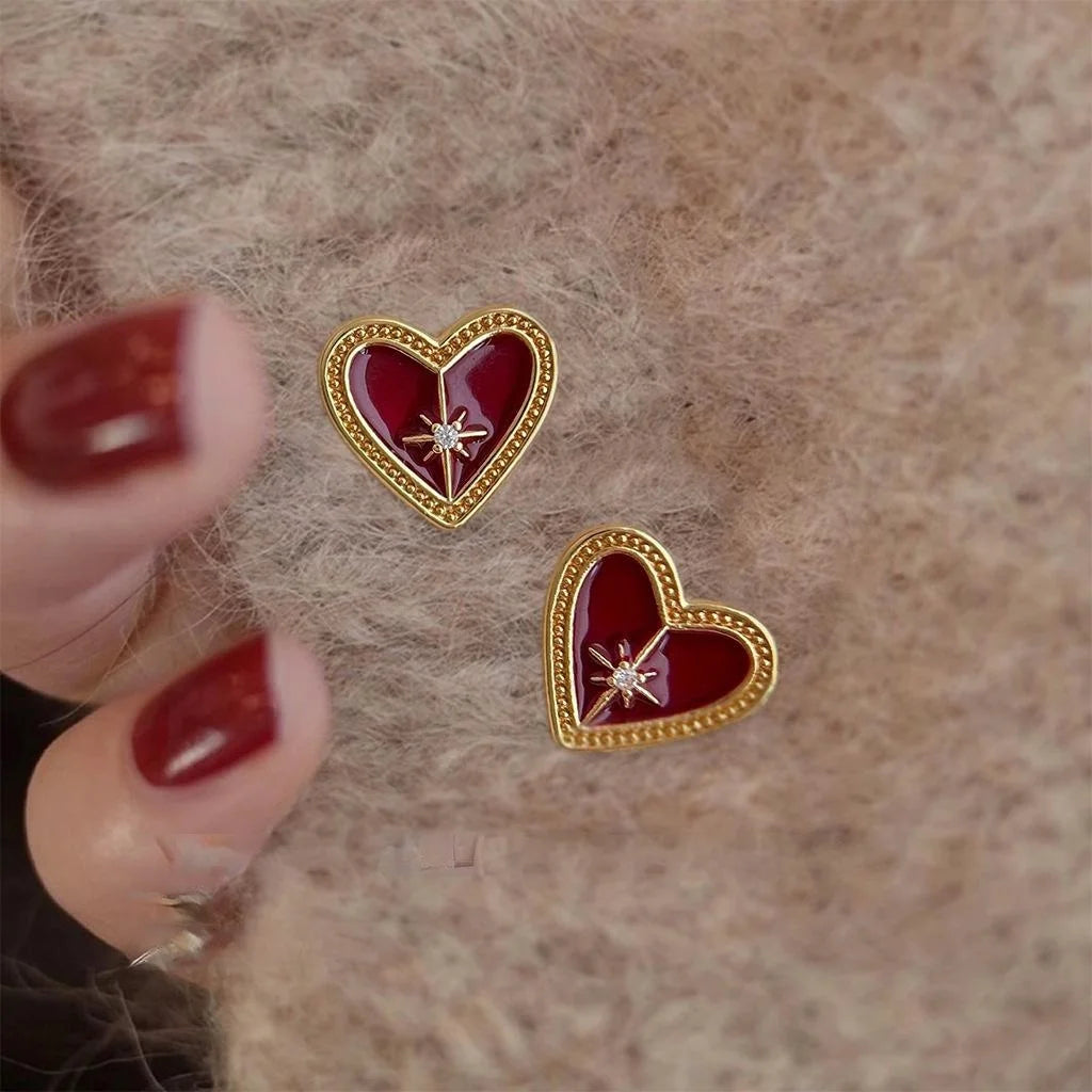 Vintage Burgundy Enamel Heart Star Micro Pave Zircon Stud Earrings Copper