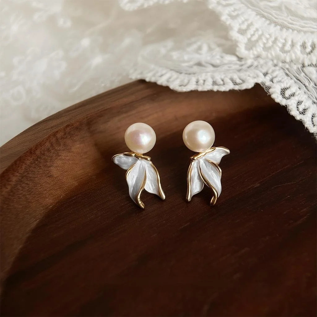 18K Gold Plated Copper Freshwater Pearl Butterfly Flower Stud Earrings Elegant Fashion Jewelry