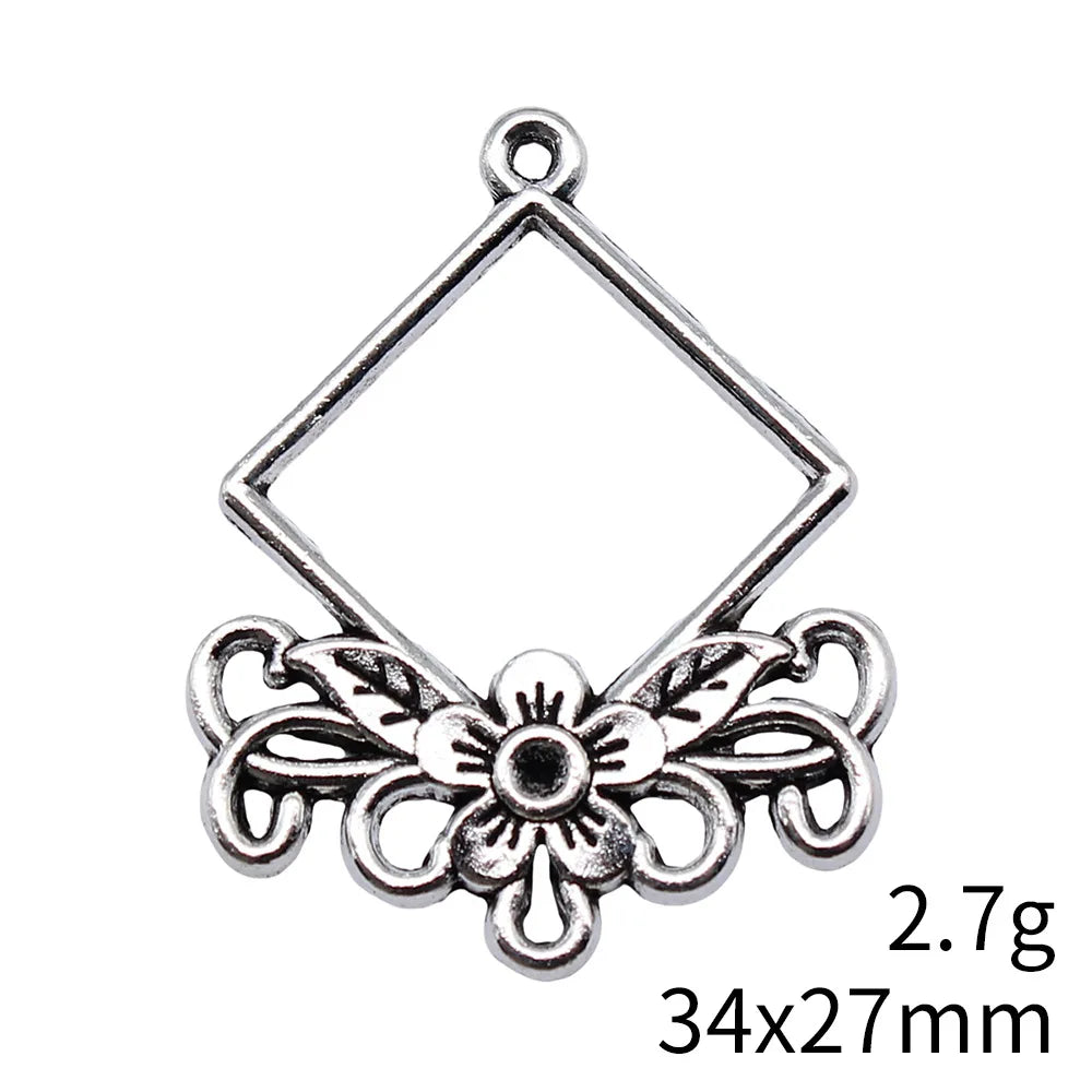 34x27mm 2.7g Antique Silver Zinc Alloy Diamond Earring Connector Charms for DIY Vintage Jewelry Making