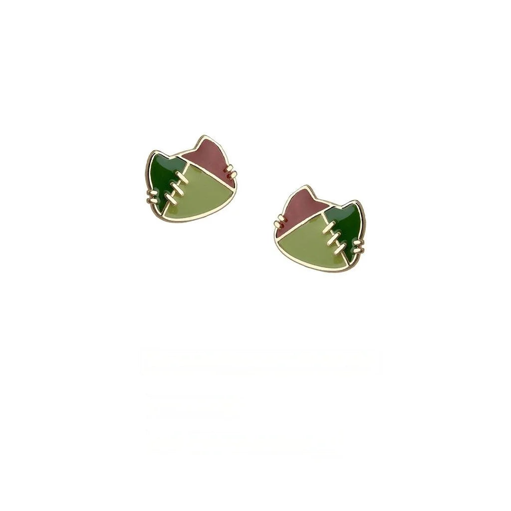 Handmade Painted Enamel Cat Head Stud Earrings Eco Copper Cute Artistic Jewelry