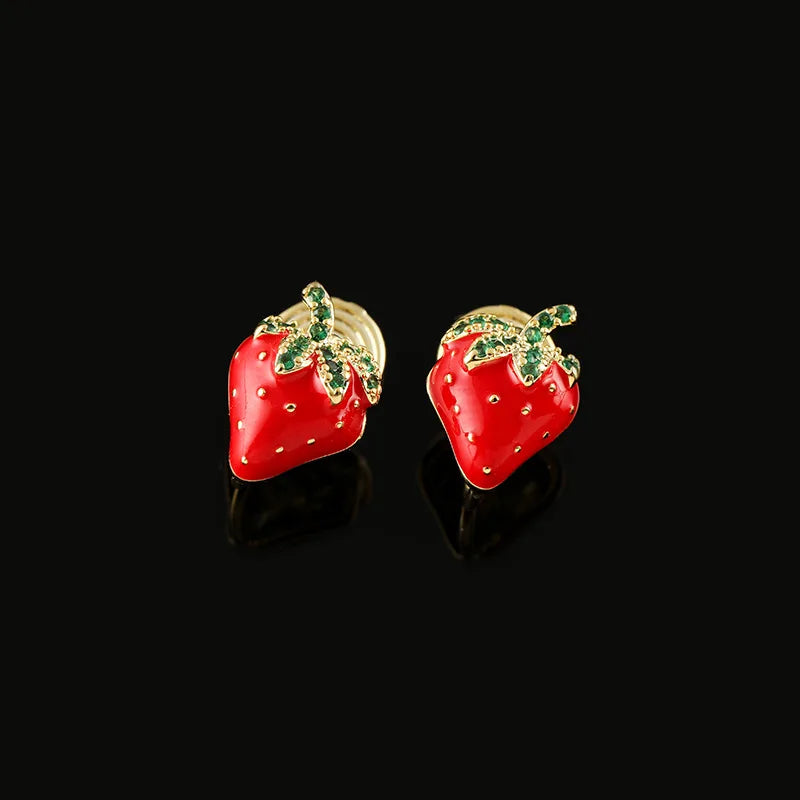 Cute Red Strawberry Gold Tone Enamel Rhinestone Luxury Fruit Stud & Clip On No Piercing Earrings