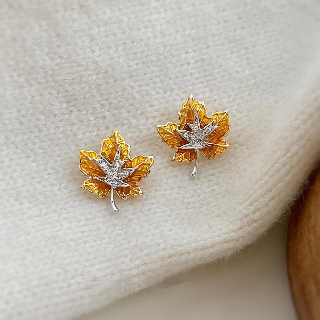 Elegant Two Tone Maple Leaf Enamel Zircon Copper Stud Earrings