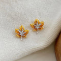 Elegant Two Tone Maple Leaf Enamel Zircon Copper Stud Earrings