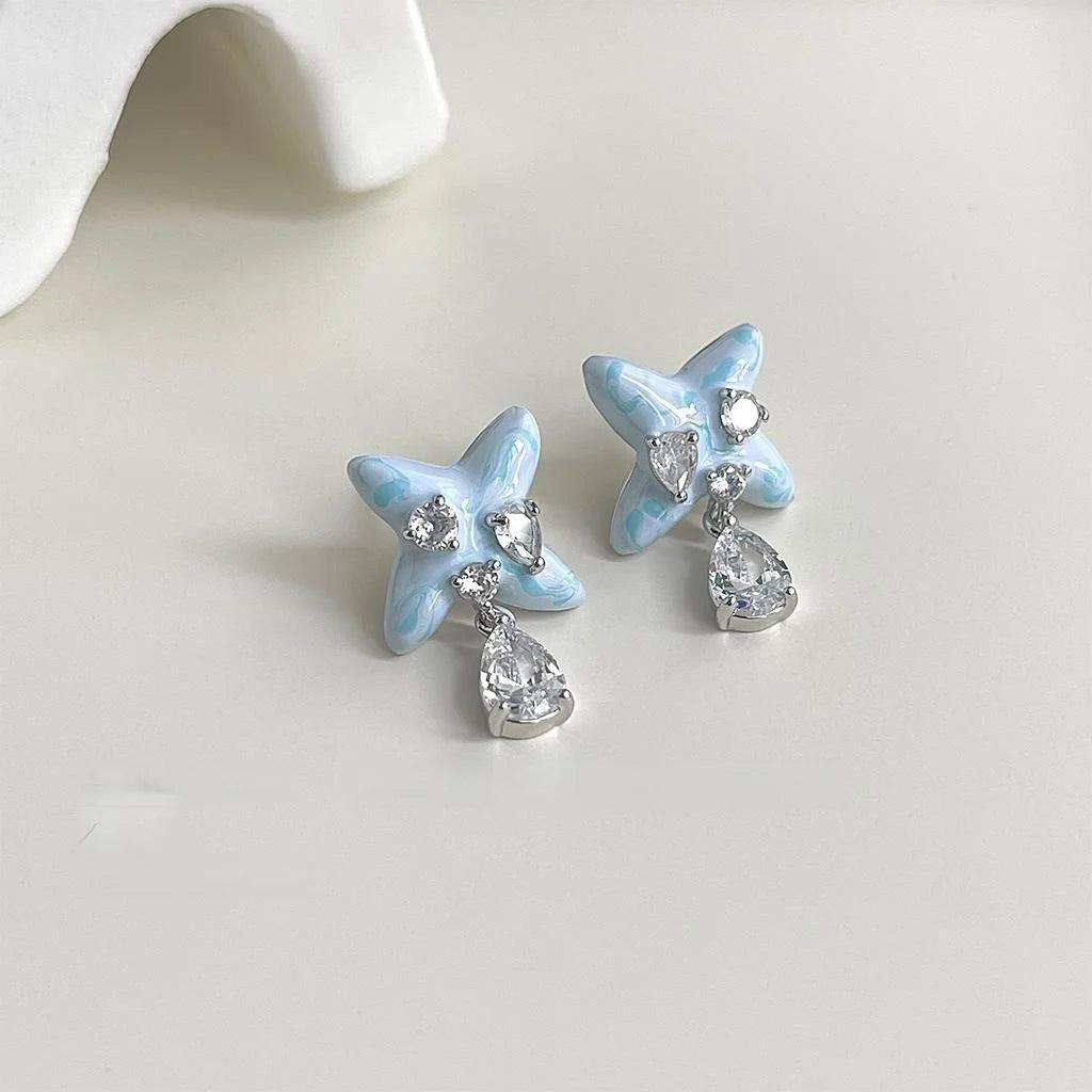 Original Design Enamel Starfish Drop Earrings Eco Copper Micro Pave Zircon Designer Jewelry