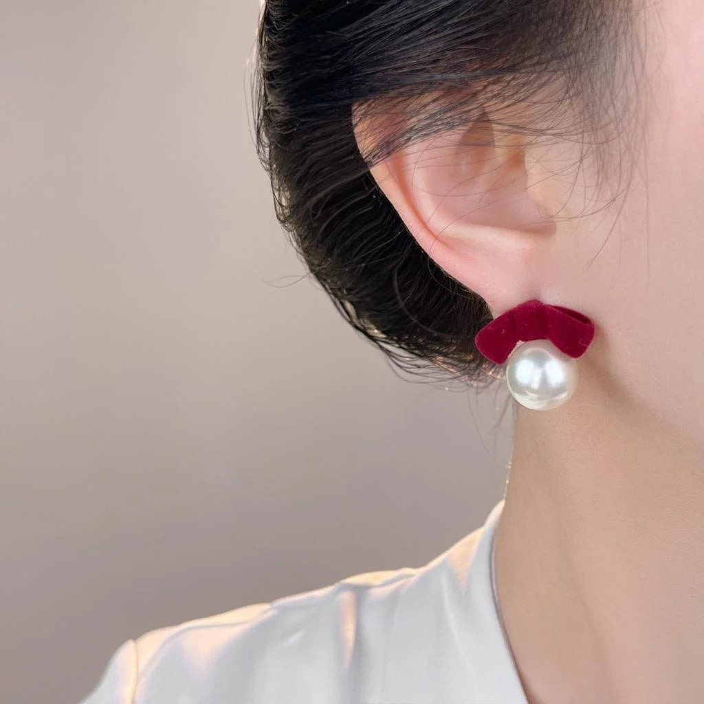 Vintage Hong Kong Style Burgundy Flocked Bow Pearl Stud Earrings