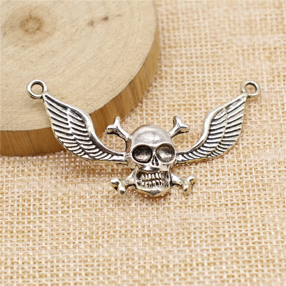 55x32mm 6.2g Antique Silver Zinc Alloy Skull Wing Connector Charm for DIY Necklace Bracelet Making