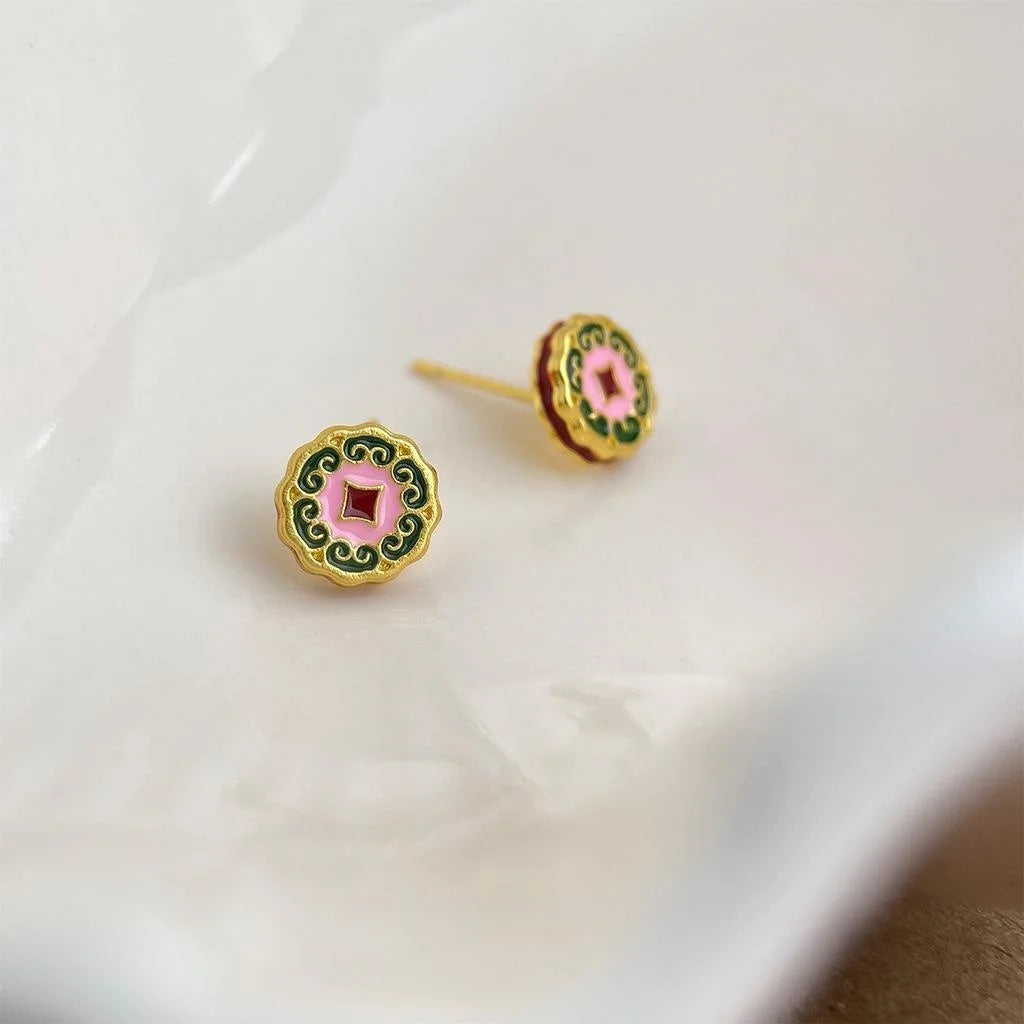 Vintage Copper Enamel Stud Earrings With Painted Geometric Floral Auspicious Cloud Design