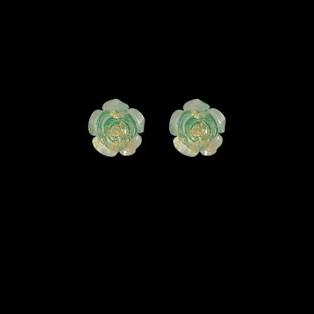 Lolita Style Green Flower Resin Stud Earrings With Silver Plated Pins