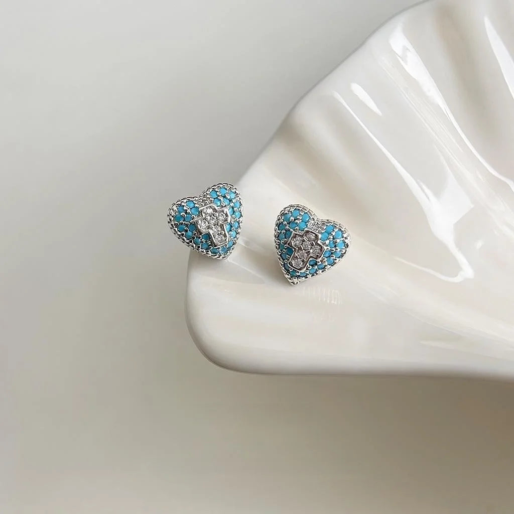 Elegant Blue Zircon Cross Heart Stud Earrings Eco-Friendly Copper Minimalist Jewelry