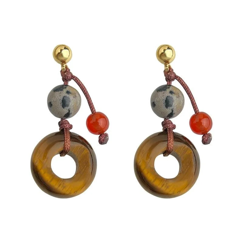 New Chinese Style Tiger Eye Red Agate Spotted Stone Peace Buckle Drop Earrings