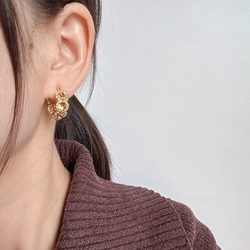 Luxury Coffee Crystal Rhinestone Cluster Hoop Stud & Clip On No Piercing Ear Cuff Earrings