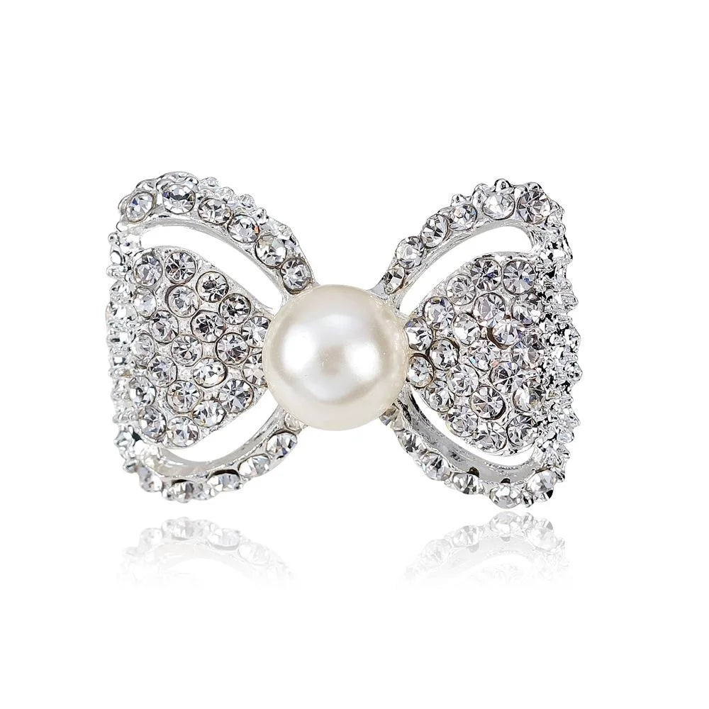 Elegant Gold Bow Brooch With Rhinestones And Faux Pearl Center, Luxury Lapel Pin Suit Accessory Gift