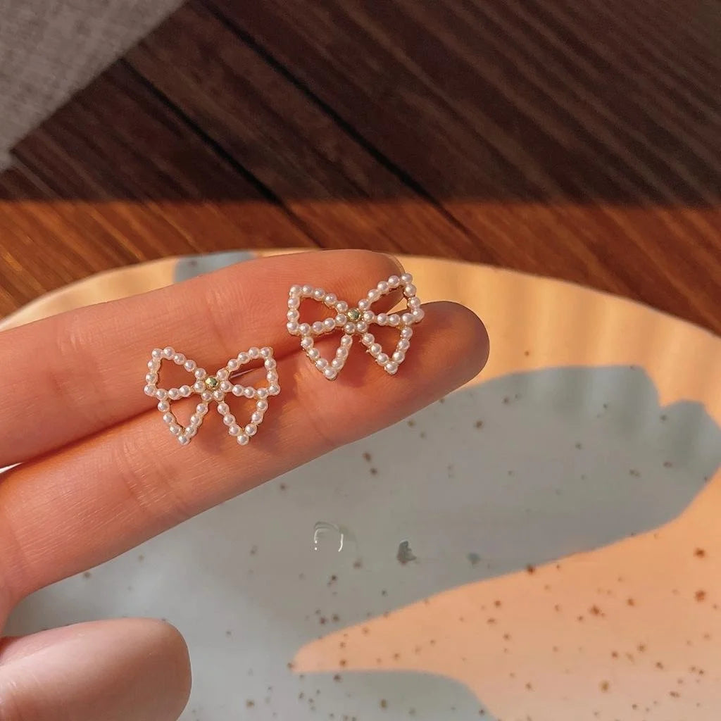 Cute Pearl Bow Stud Earrings 14K Plated Alloy Simple Sweet Jewelry