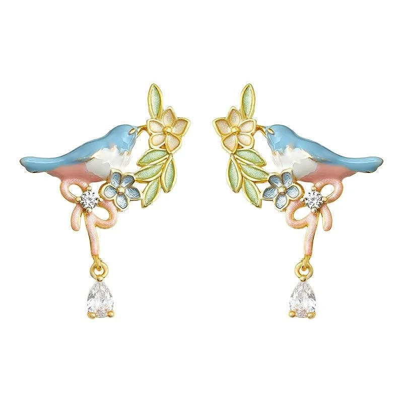 Sweet Pastoral Copper Enamel Bird Drop Earrings With Micro Pave Zircon