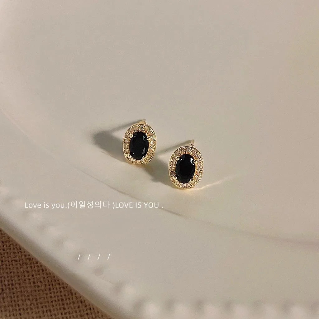 Vintage Black Oval Micro Pave Zircon Copper Stud Earrings With 14K Plated Pins