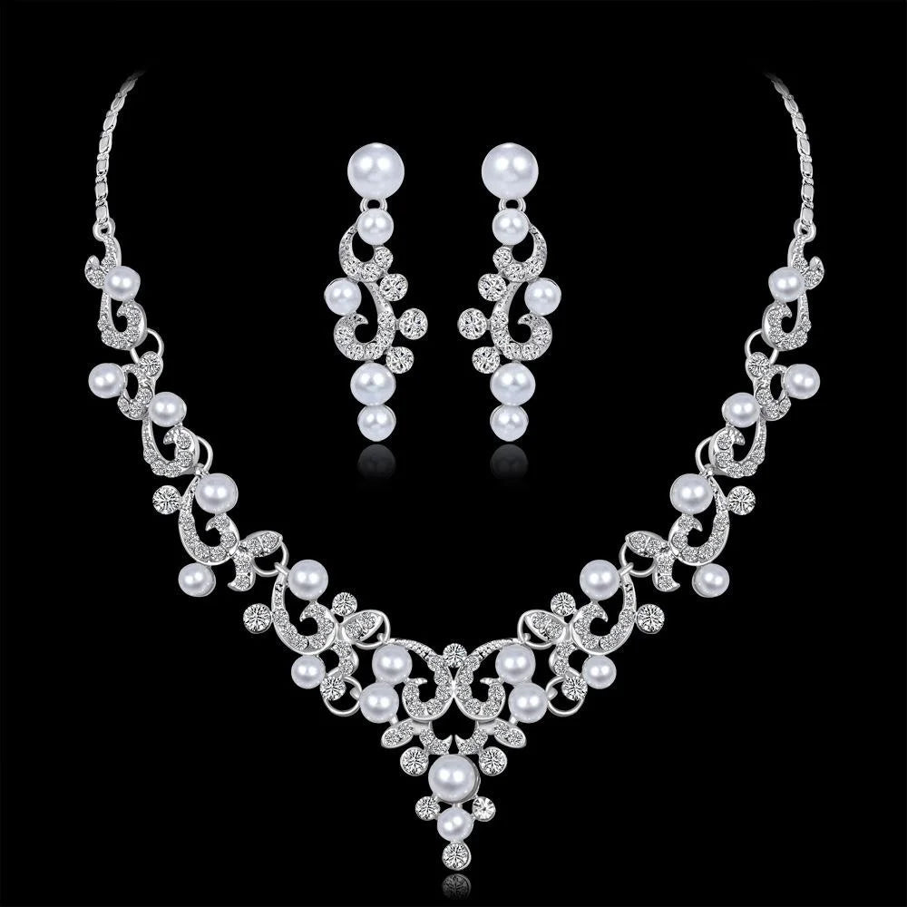 Elegant Bridal Pearl Rhinestone Alloy Necklace Earrings Jewelry Set For Wedding Party Banquet Gift