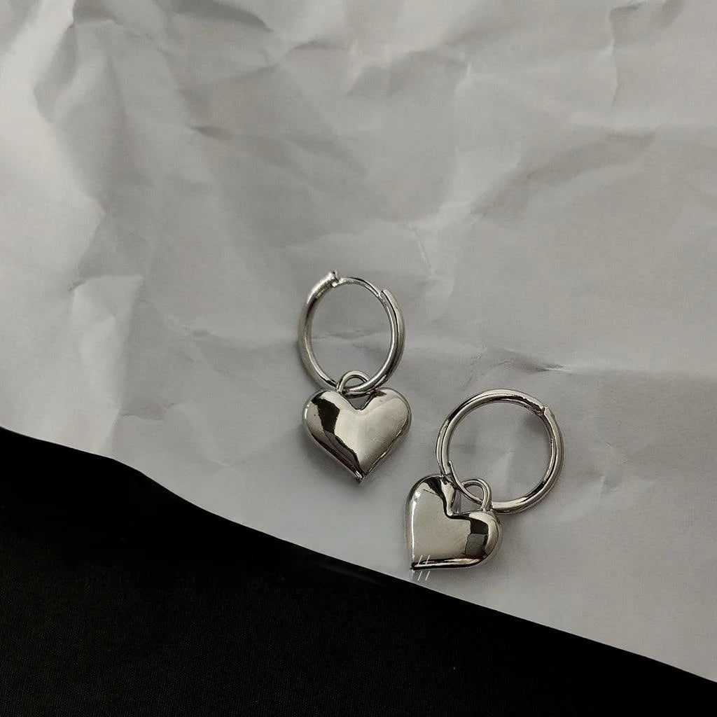 Minimalist Silver Heart Drop Earrings Copper 3D Smooth Metal Korean Japanese Style