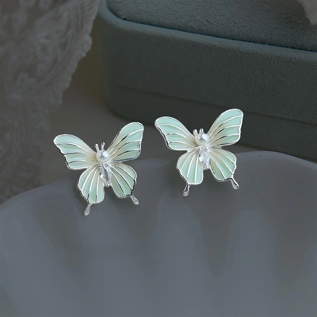 Sweet Forest Style Mint Green Enamel Hand Painted Butterfly Copper Drop Earrings