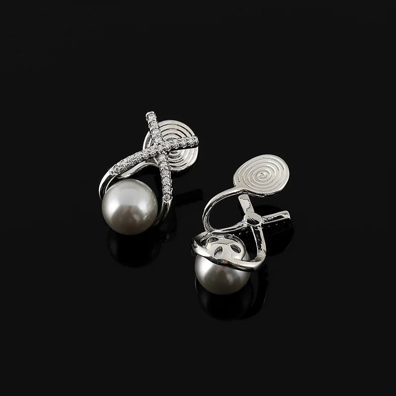 Elegant Cross Rhinestone Grey Pearl Spiral Stud & Clip On No Piercing Women's Fashion Earrings