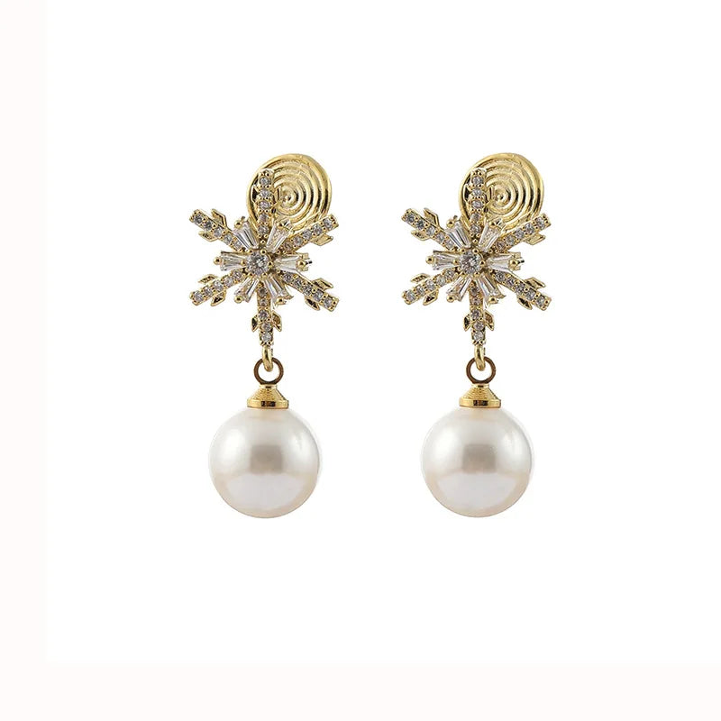 Luxury Snowflake Zircon Starburst Pearl Drop Gold Alloy Stud & Clip On No Piercing Earrings