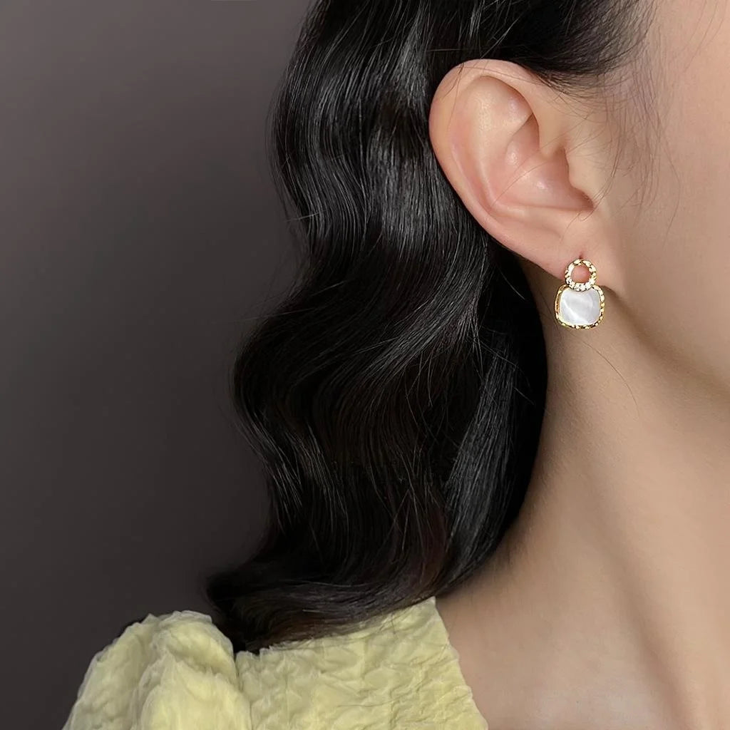 Premium 14K Gold Plated Copper Geometric Hollow Shell Zircon Stud Earrings