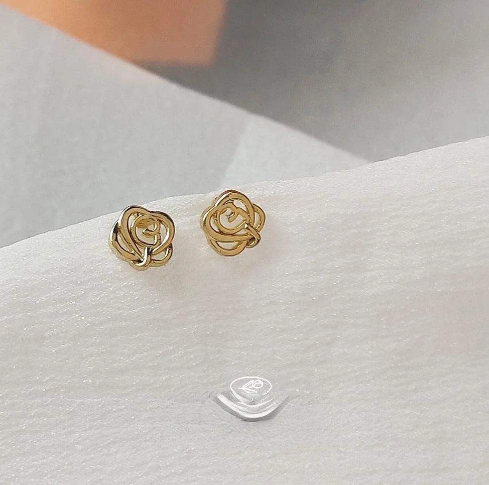 14K Plated Copper Mini Rose Flower Stud Earrings Minimalist Daily Jewelry