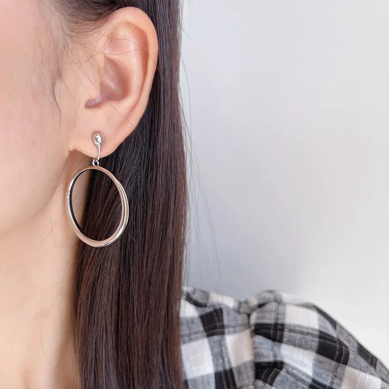 Elegant Silver Alloy Large Circle Hoop Stud & Clip On No Piercing Minimalist Long Dangle Earrings