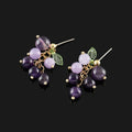 Elegant Purple Grape Cluster Natural Crystal Leaf Stud & Clip On No Piercing Fruit Drop Earrings