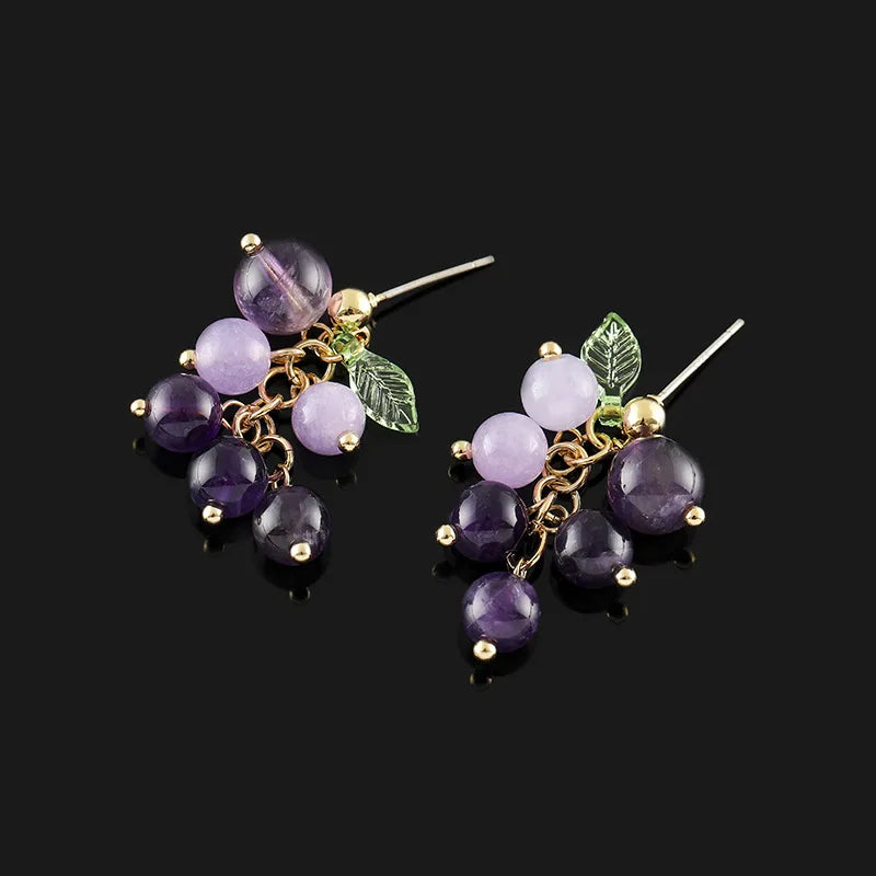 Elegant Purple Grape Cluster Natural Crystal Leaf Stud & Clip On No Piercing Fruit Drop Earrings