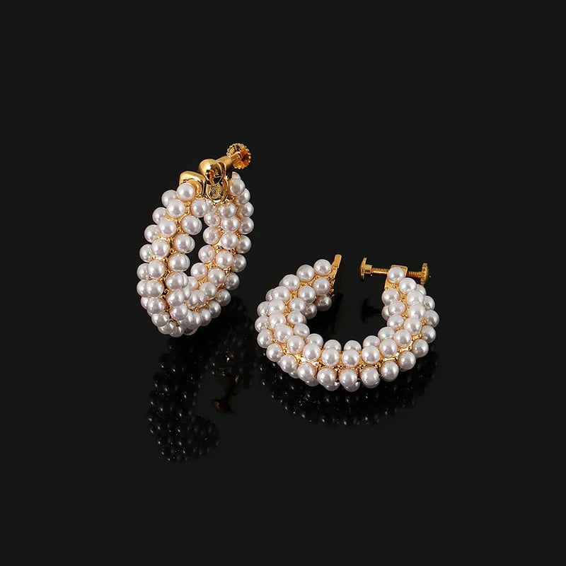 Elegant Faux Pearl Round Hoop Stud & Clip On No Piercing Gold Alloy Luxury Statement Earrings