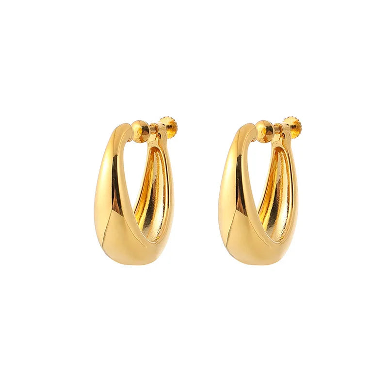 Elegant Gold Alloy Teardrop Hoop Huggie Stud & Clip On No Piercing Minimalist Commuter Gift Earrings