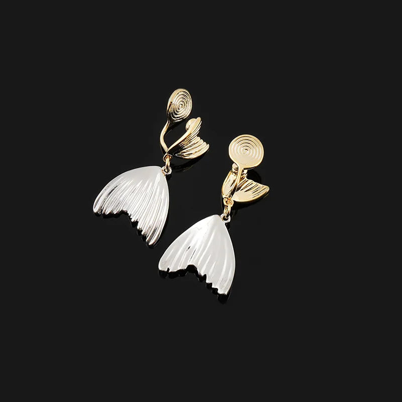 Elegant Two Tone Alloy Spiral Fish Tail Drop Stud & Clip On No Piercing Minimalist Statement Earrings
