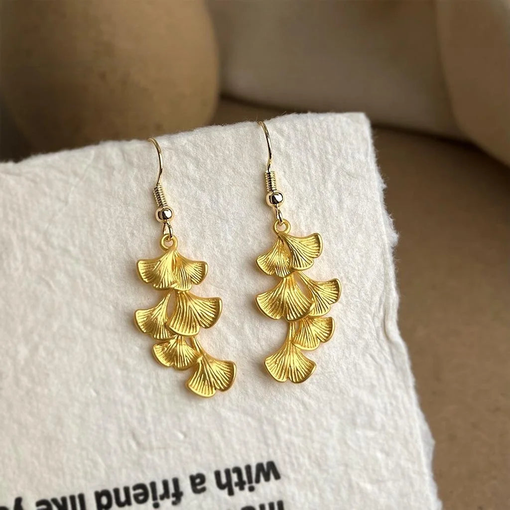 Vintage Artistic Copper Ginkgo Leaf Drop Earrings Matte New Chinese Designer Style