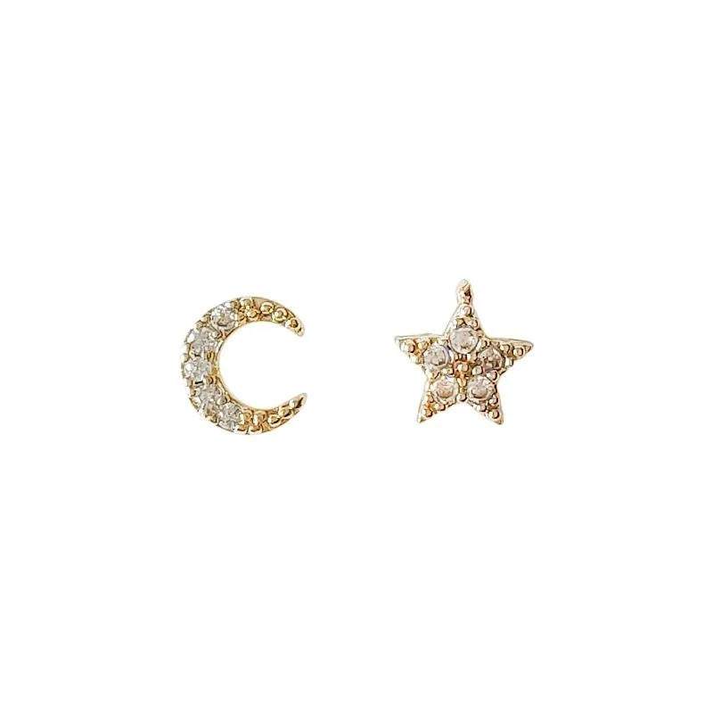 Mini 14K Gold Plated Copper Star Moon Zircon Stud Earrings, Minimalist Tiny Jewelry