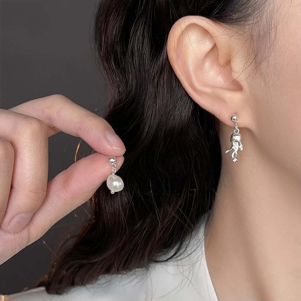 Asymmetric Baroque Freshwater Pearl Jellyfish Drop Earrings With Silver Plated Pins