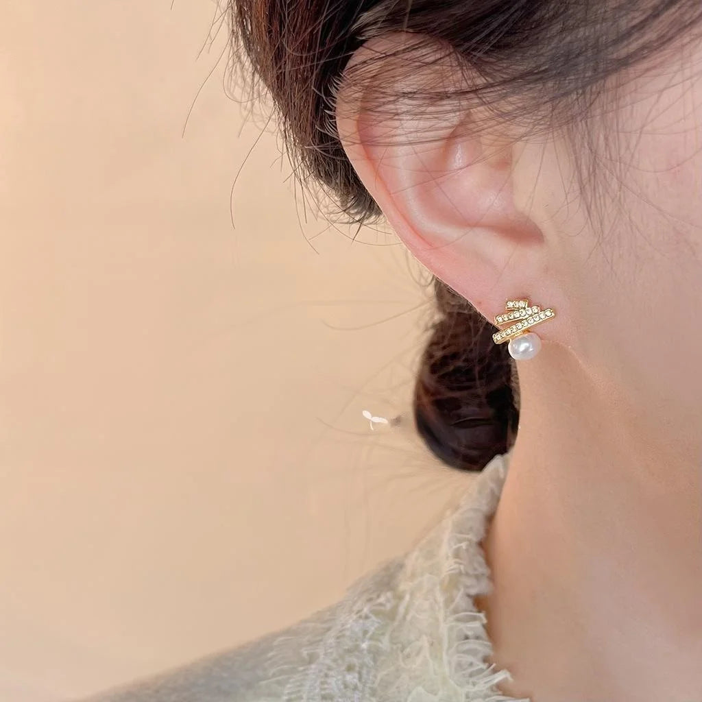 14K Gold Plated Copper Freshwater Pearl Zircon Geometric Line Christmas Tree Stud Earrings