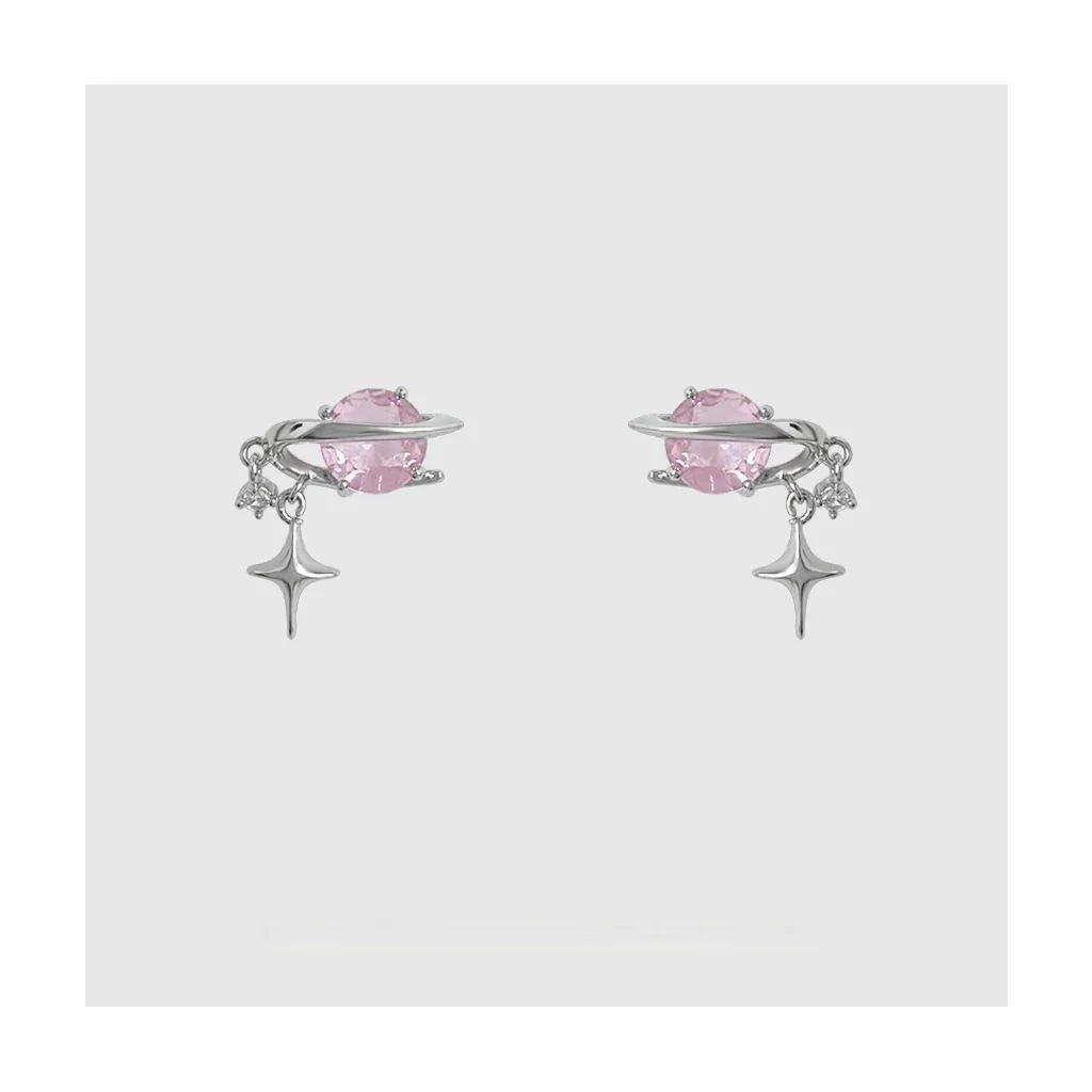 Original Design Planet Star Pink Zircon Copper Stud Earrings